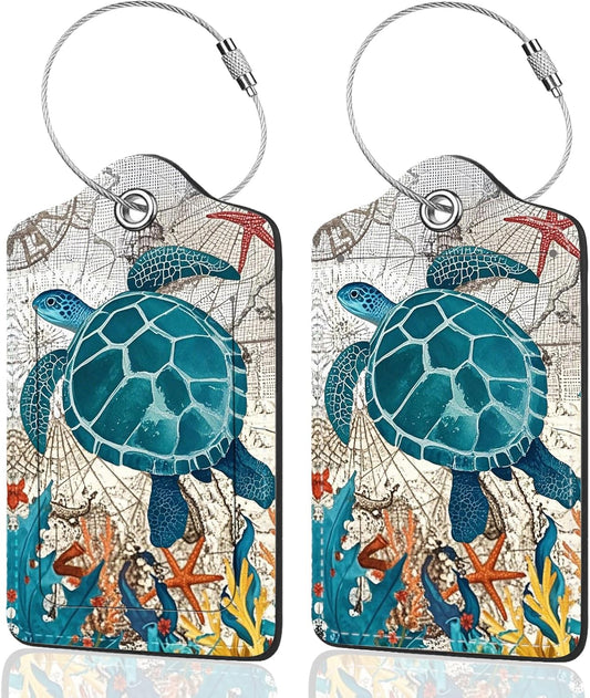 2Pack Luggage Tags for Suitcases, Cute Unique Pu Leather Cruise Luggage Tag with Privacy Cover ID Label Address Card and Metal Ring Suitable for Women Men Kids Travel Bag Retro Map Turtle