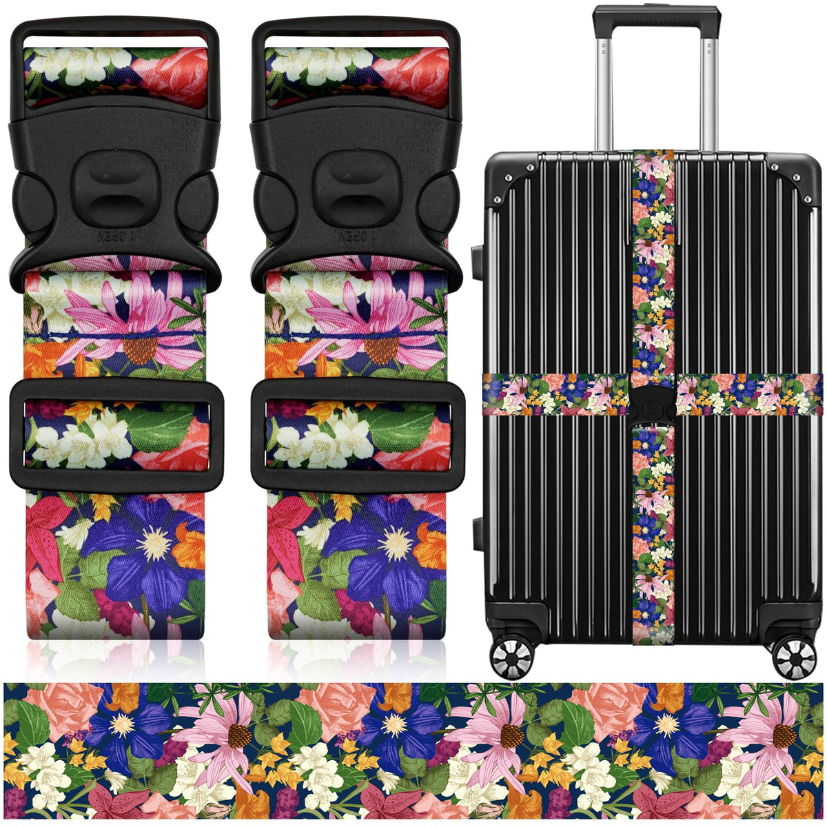 2 Pack Luggage Straps for Suitcases, Adjustable Travel Belt with Double Lock and Quick Release Buckle, Heavy Duty Nylon Bag Packing Strap, Bright Identifiers Business Travel Accessories-Colorful Block