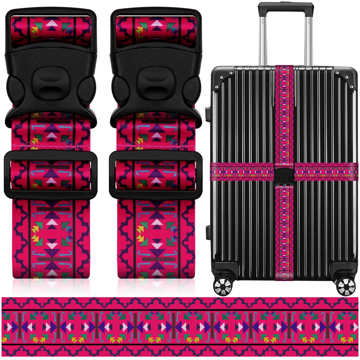 2 Pack Luggage Straps for Suitcases, Adjustable Travel Belt with Double Lock and Quick Release Buckle, Heavy Duty Nylon Bag Packing Strap, Bright Identifiers Business Travel Accessories-Colorful Block