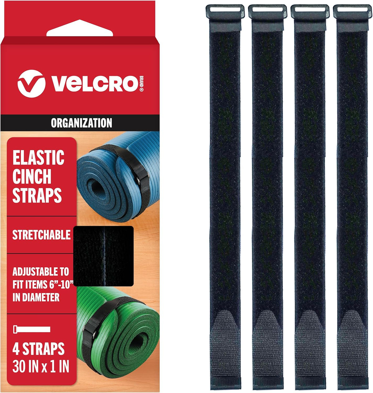 VELCRO Brand Elastic Cinch Straps with Buckle, 30in x 1in, Black, 4 Pack