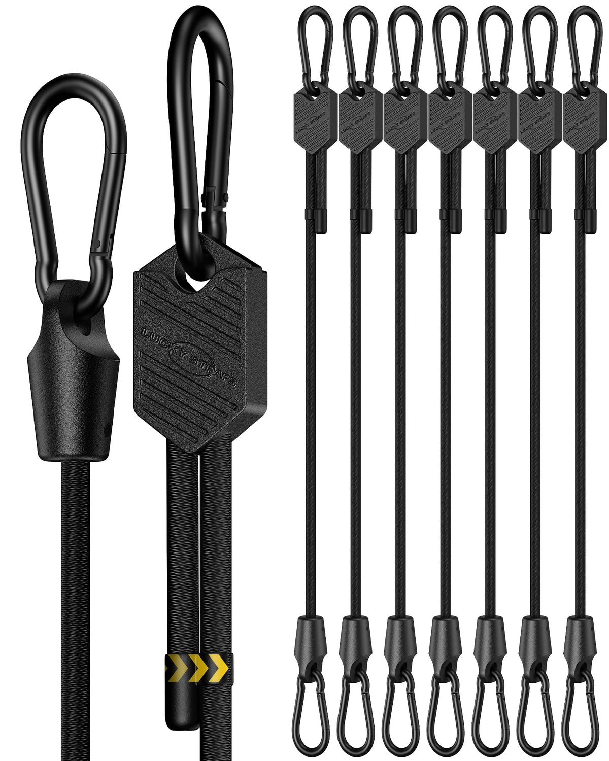 Lucky Straps 48" Black Adjustable Carabiner Bungee Cords with Hooks, 8 Pack