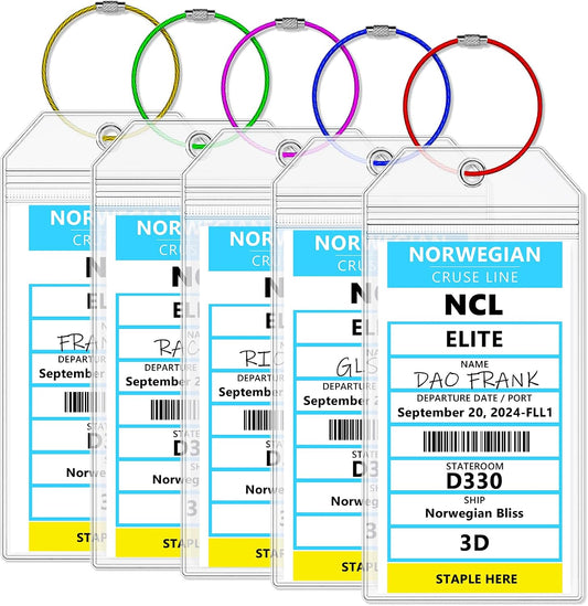 NCL Luggage Tag Holders，Clear Cruise Luggage Tag Holder Zip Seal with Steel Loops，Fits Printed (Not Mailed) Norwegian Cruise Line Ships & Tags for Cruises in, 2026 & 2027（5PACK）