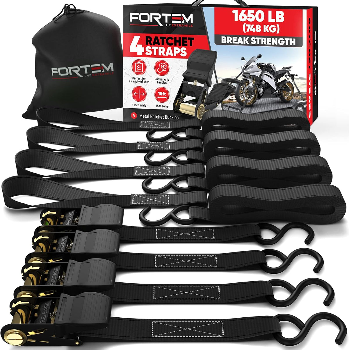 FORTEM Ratchet Straps - Tie Down Strap Set, 4 Pack, 1650lb Break Strength
