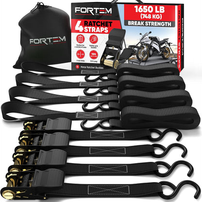 FORTEM Ratchet Straps - Tie Down Strap Set, 4 Pack, 1650lb Break Strength