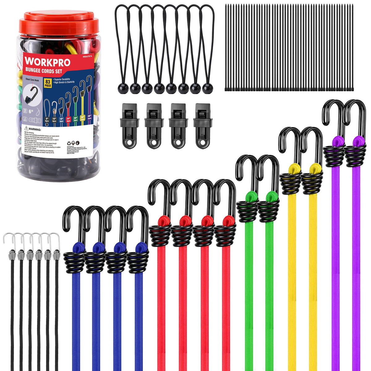 WORKPRO 24" Bungee Cords with Hooks, 4 Pack Heavy Duty Outdoor Bungee Strap