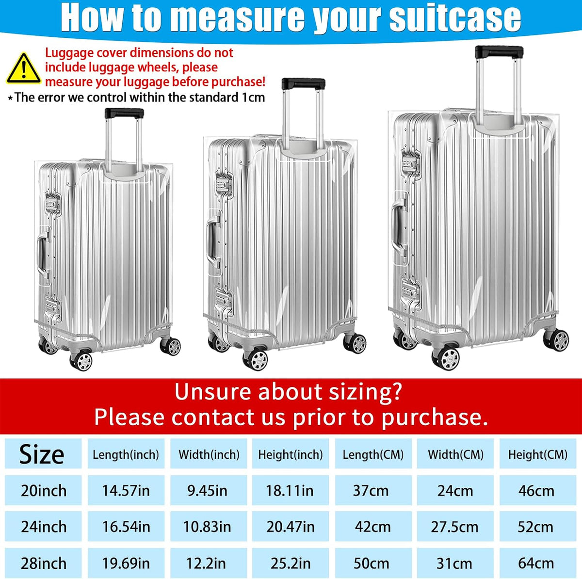 Yotako 3 Pieces Clear PVC Suitcase Cover Tough Protector, 20" 24" 28" Luggage Covers for Wheeled Suitcase