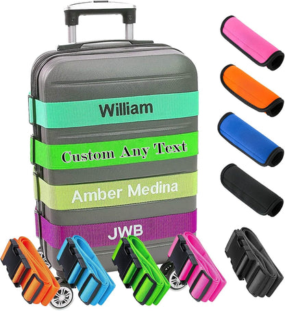 Personalized Luggage Straps, Custom Adjustable Suitcase Belt Embroidered with Name/Text, 2" W Travel Strap TSA Secure Bag Band Closure Gifts for Traveler Businessman - Adjusts from 38" to 74" L