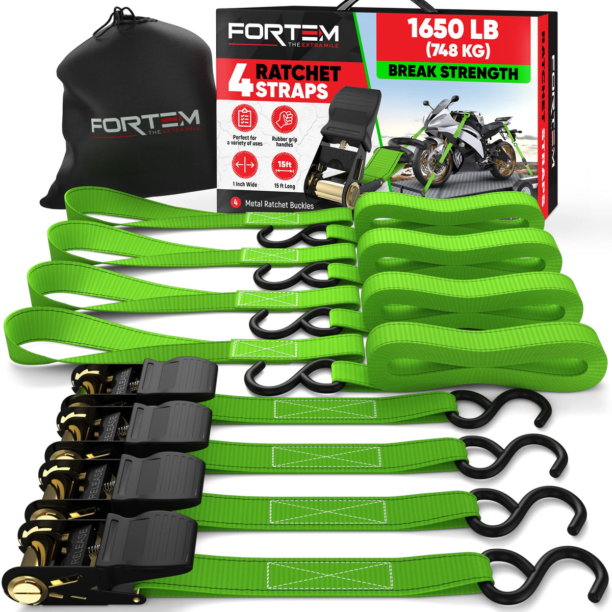 FORTEM Ratchet Straps - Tie Down Strap Set, 4 Pack, 1650lb Break Strength
