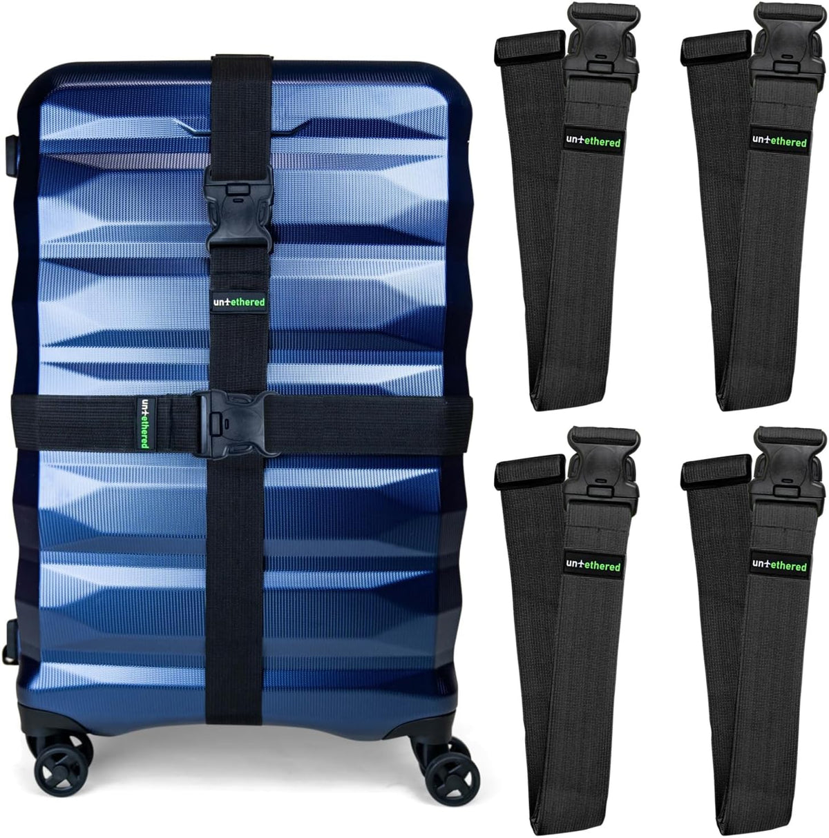 Untethered Luggage Straps for Suitcases, TSA Approved, 4-Pack, Black