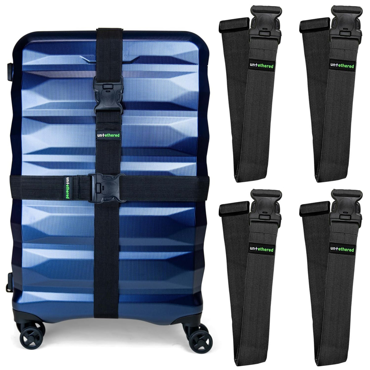Untethered Luggage Straps for Suitcases, TSA Approved, 4-Pack, Black