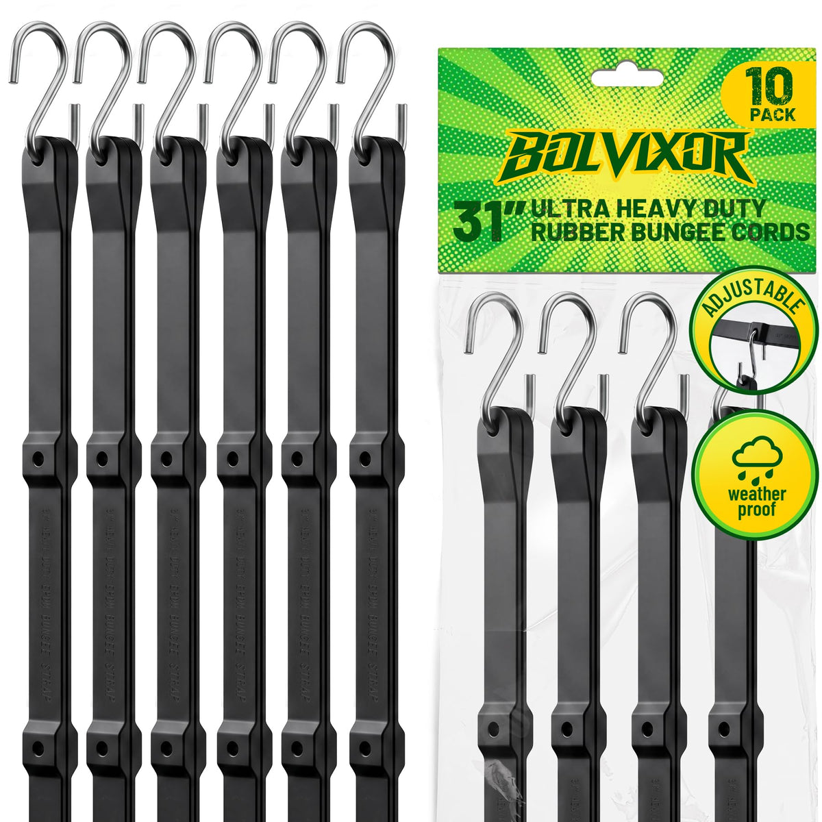 Bungee Cords with Hooks, 10 Pack, 10", 15", 21", 31", EPDM Rubber