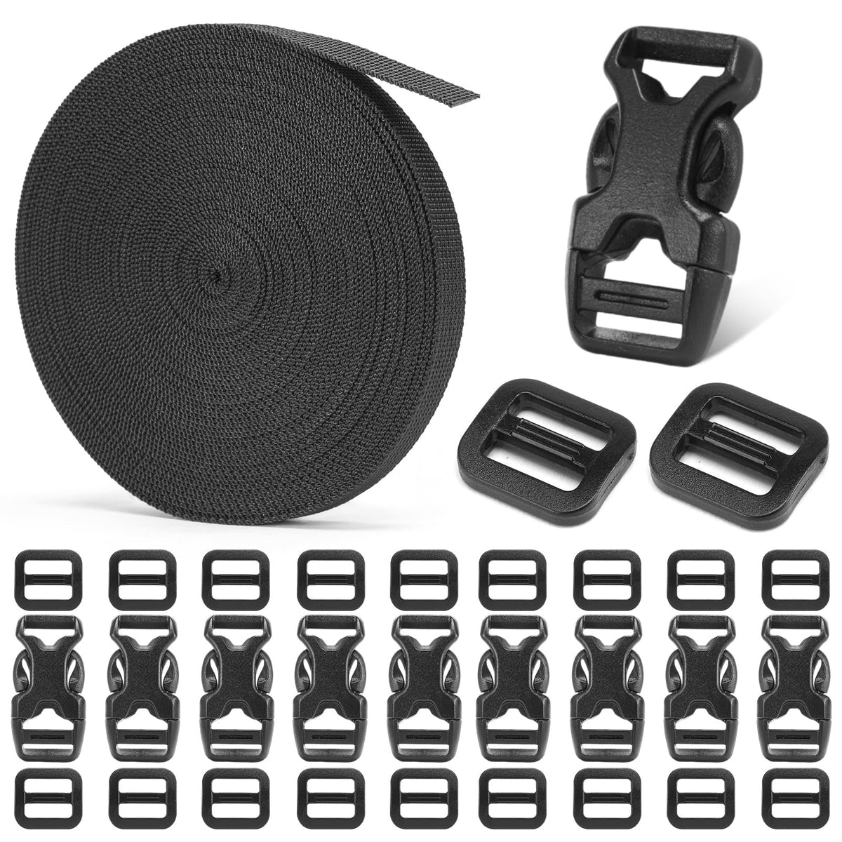 BEYOURD Buckles and Straps Set 1": 6 Yards of Thick Nylon Webbing, 6-Pack Heavy Duty Adjustable Quick Side Release Plastic Buckles, 12 Tri-Glide Slide Clips, Black (1-Inch Combo Set)