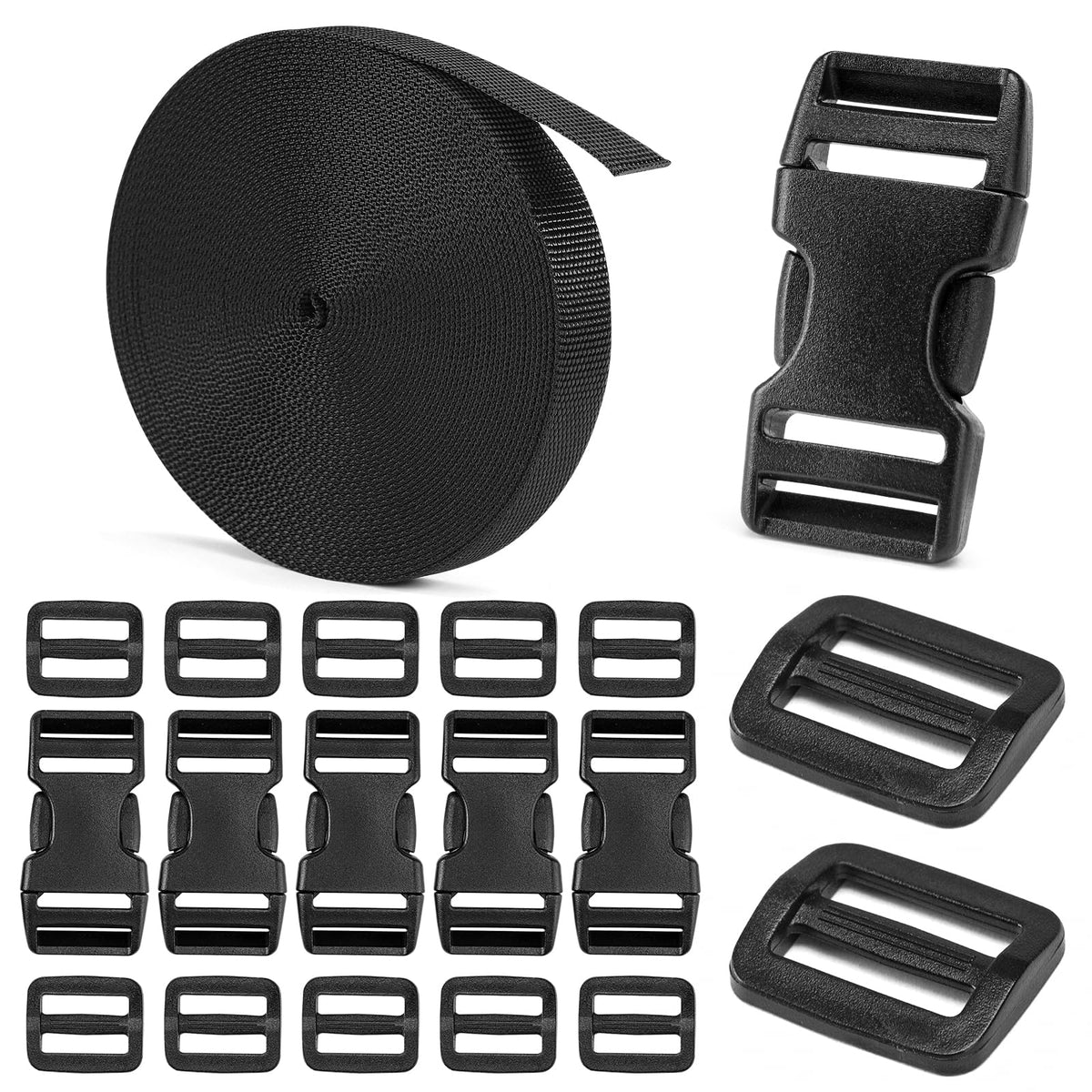 BEYOURD Buckles and Straps Set 1": 6 Yards of Thick Nylon Webbing, 6-Pack Heavy Duty Adjustable Quick Side Release Plastic Buckles, 12 Tri-Glide Slide Clips, Black (1-Inch Combo Set)