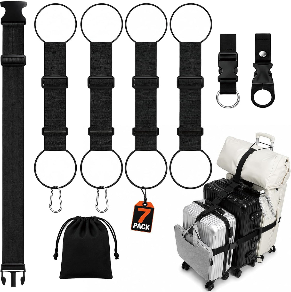 7 Pack Adjustable Luggage Straps for Suitcases & Luggage Connector Straps