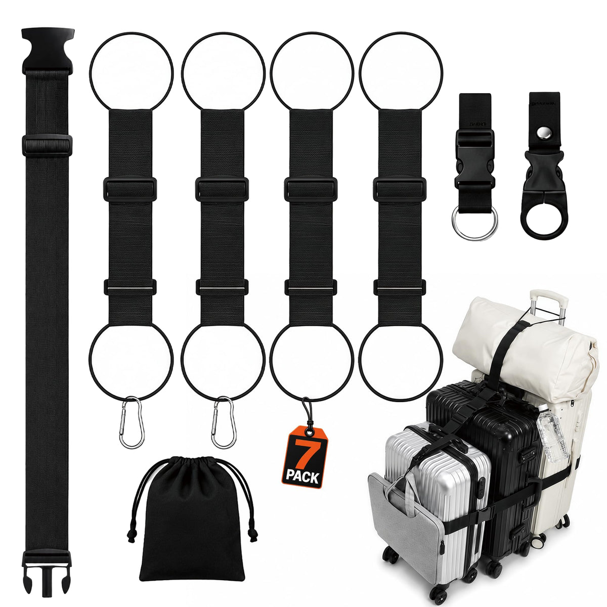 7 Pack Adjustable Luggage Straps for Suitcases & Luggage Connector Straps
