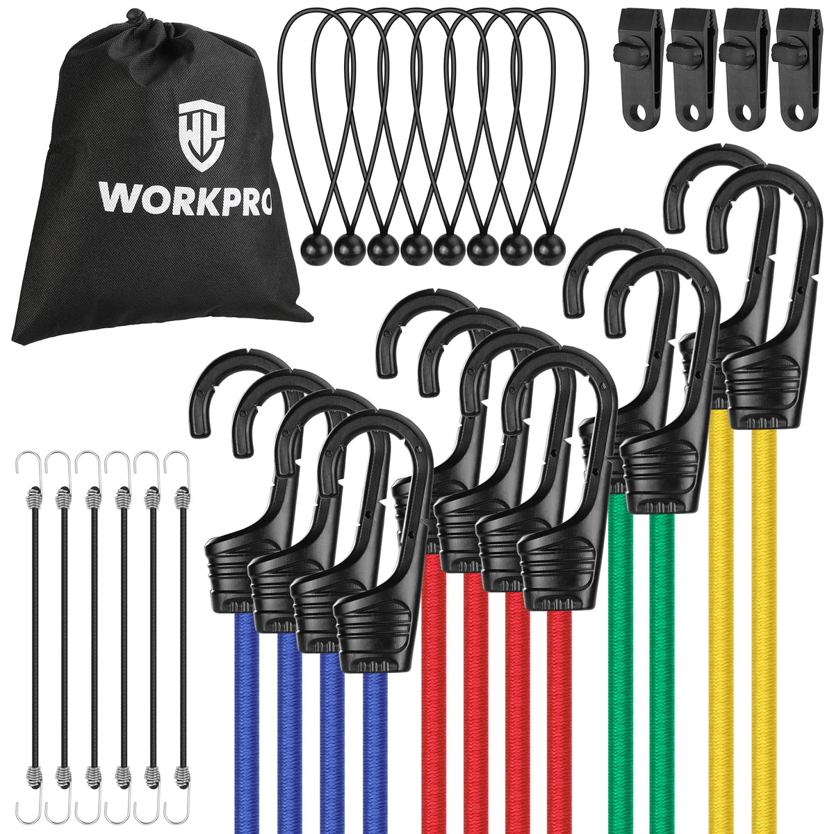 WORKPRO 24" Bungee Cords with Hooks, 4 Pack Heavy Duty Outdoor Bungee Strap