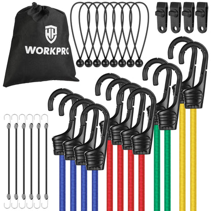 WORKPRO 24" Bungee Cords with Hooks, 4 Pack Heavy Duty Outdoor Bungee Strap