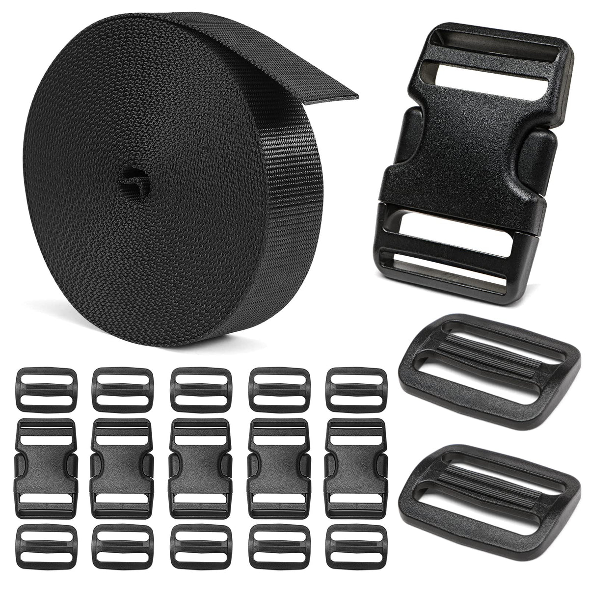 BEYOURD Buckles and Straps Set 1": 6 Yards of Thick Nylon Webbing, 6-Pack Heavy Duty Adjustable Quick Side Release Plastic Buckles, 12 Tri-Glide Slide Clips, Black (1-Inch Combo Set)