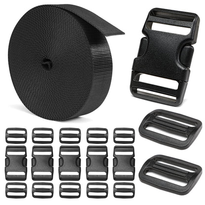 BEYOURD Buckles and Straps Set 1": 6 Yards of Thick Nylon Webbing, 6-Pack Heavy Duty Adjustable Quick Side Release Plastic Buckles, 12 Tri-Glide Slide Clips, Black (1-Inch Combo Set)